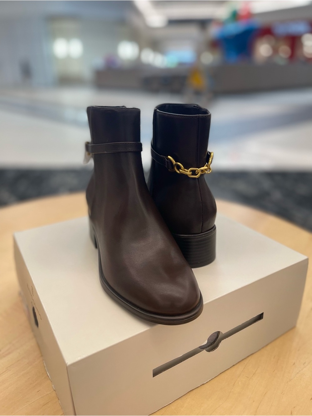 Bandolino Brown Leather Ankle Boots with Gold Chain Detail